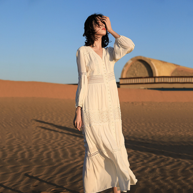 2025 Summer New Style Elegant Slimming Long Dress Women's Dress French V-Neck Vacation Beach Dress F550