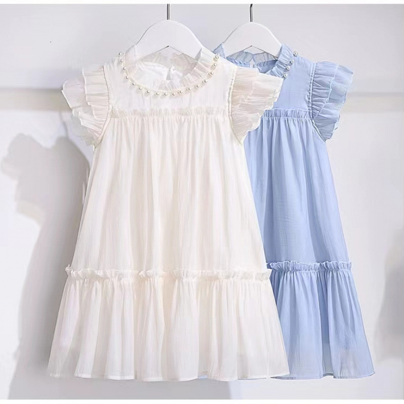 Short-Sleeved Dress New Lotus Leaf Collar Princess Dress Pure Color Summer Middle and Large Children 2025 Girls Beaded Fashionable over the Knee