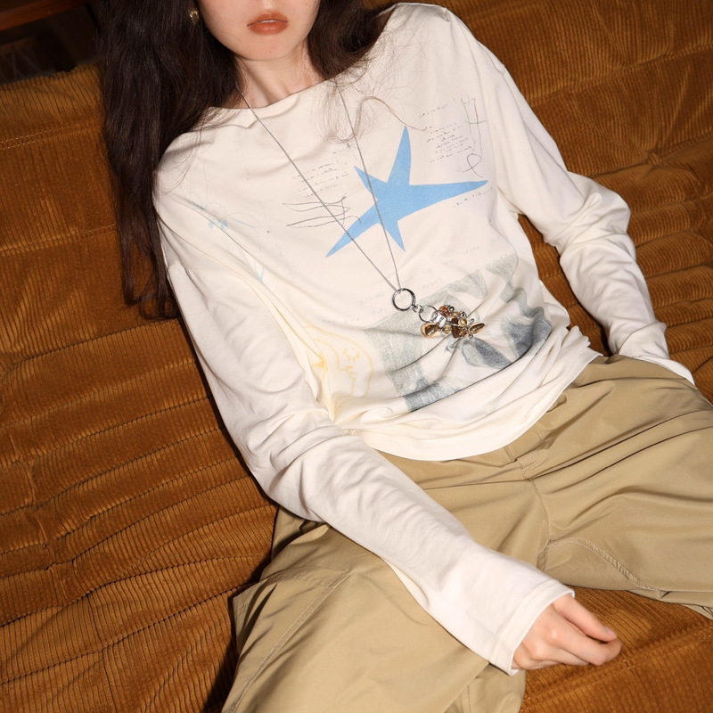 Soft Combed Cotton Ecocosy Skin-Friendly Slanted Shoulder Pleated Star Hand-Painted Printed Long-Sleeved T-Shirt