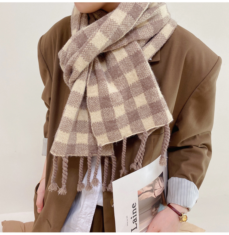 Plaid Tassel Autumn And Winter Knitted Warm Scarf display picture 4