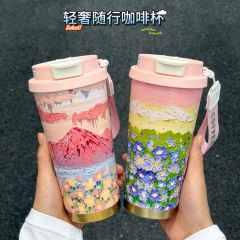 高颜值双饮铃兰花咖啡杯保温杯轻奢随行保温杯带提绳礼品水杯