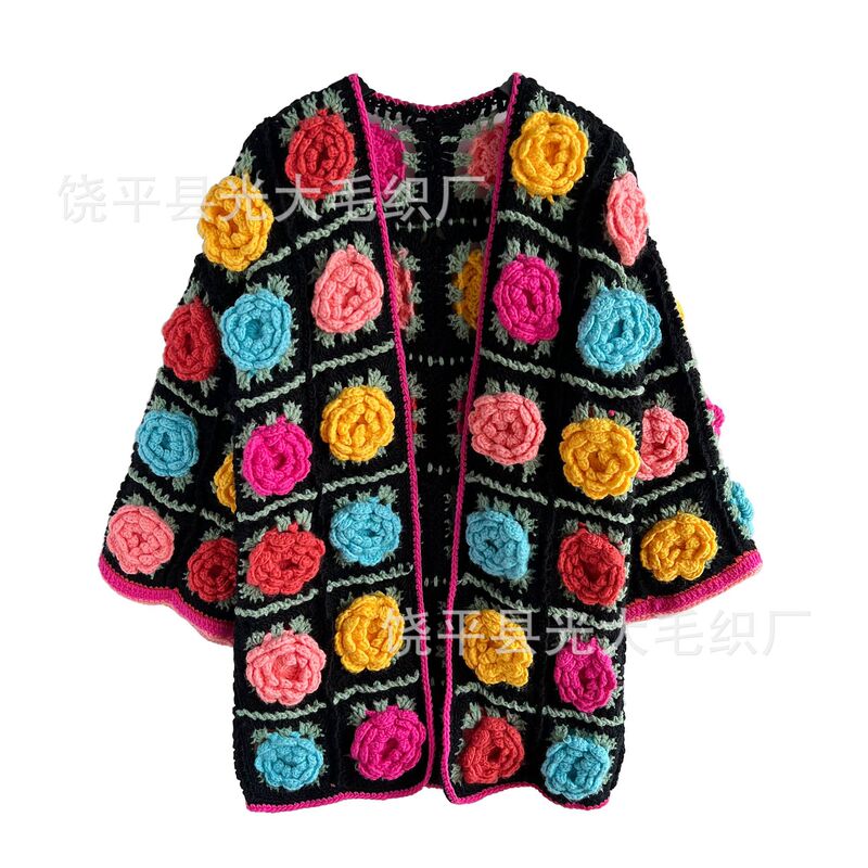 Cross-Border Retro Hand-Crocheted Stereo Flowers Contrasting Cut Out Outwear Jacket Autumn and Winter Knitted Knitwear for Women