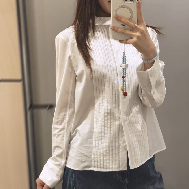 Counter C Women's Clothing 2026 Spring New Product Pleated High Collar Long Sleeve Cotton Casual Shirt 1336654001