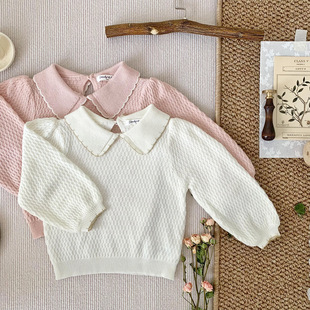 Cutemily spring ins baby girl pullover lapel top baby girl jacquard contrast color lantern long sleeve thin sweater