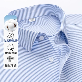 纯棉蓝色条纹男士衬衫长袖全棉商务休闲衬衣短袖DP免烫抗皱通勤装