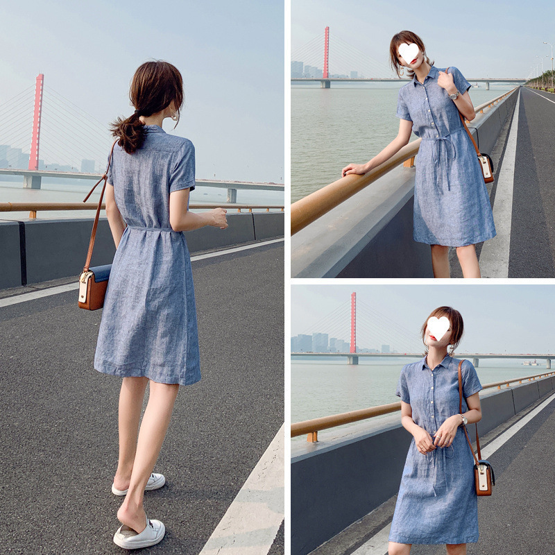 高端棉麻连衣裙女夏休闲新款大码显瘦气质小个子亚麻腰带衬衫裙子|undefined
