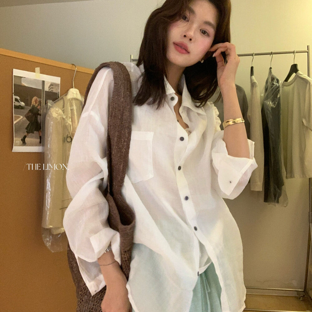 Áo sơ mi nữ linen tay dài cổ bẻ phong cách thư giãn — Xanh đen, xanh lam, Màu cà phê, màu hồng