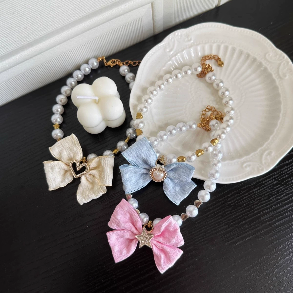 Крем Ветер Pet Pearl Колье Темперамент Лук Элегантный Принцесса Ветер Кошка Собака Ожерелье Животные Аксессуары