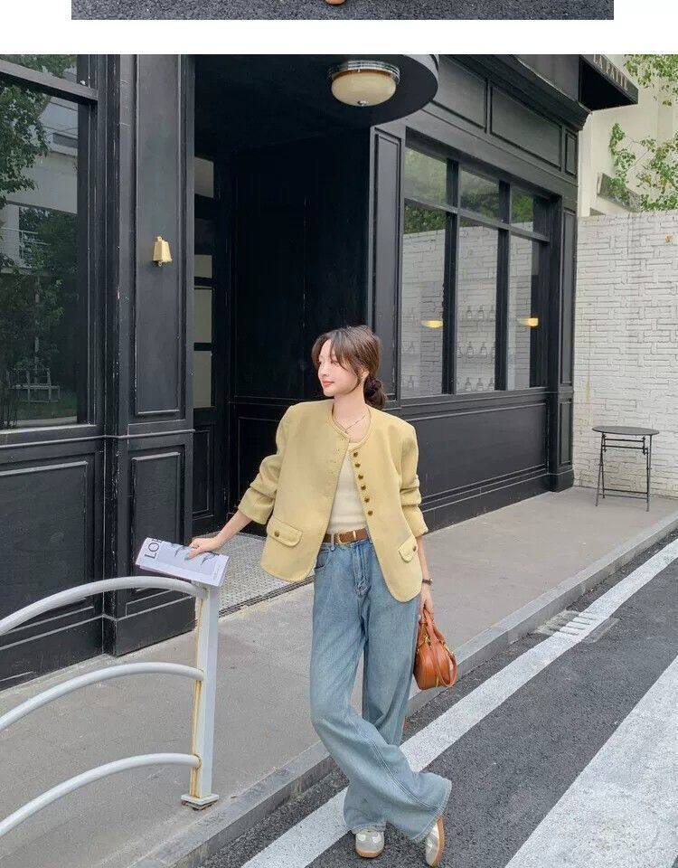 Áo khoác nữ dáng ngắn cổ tròn phong cách retro thanh lịch, form rộng, chất liệu tweed — Ren vàng chi tiết 12