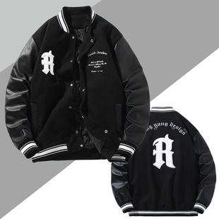 R towel embroidery men's stitching PU leather American retro plus size jacket baseball cotton-padded jacket