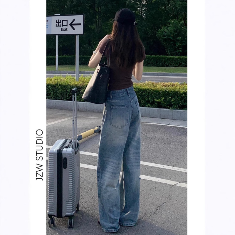 夏の女性用アメリカンスタイルのリップドワイドレッグジーンズ、スリムで小柄な人向けの新しいスタイル、ゆったりとしたハイウエストのストレートレッグ、多用途のフロアレングスパンツ|undefined