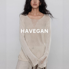 与间HAVEGAN/秋季v领天丝亚麻长袖设计感针织衫女宽松老钱风上衣