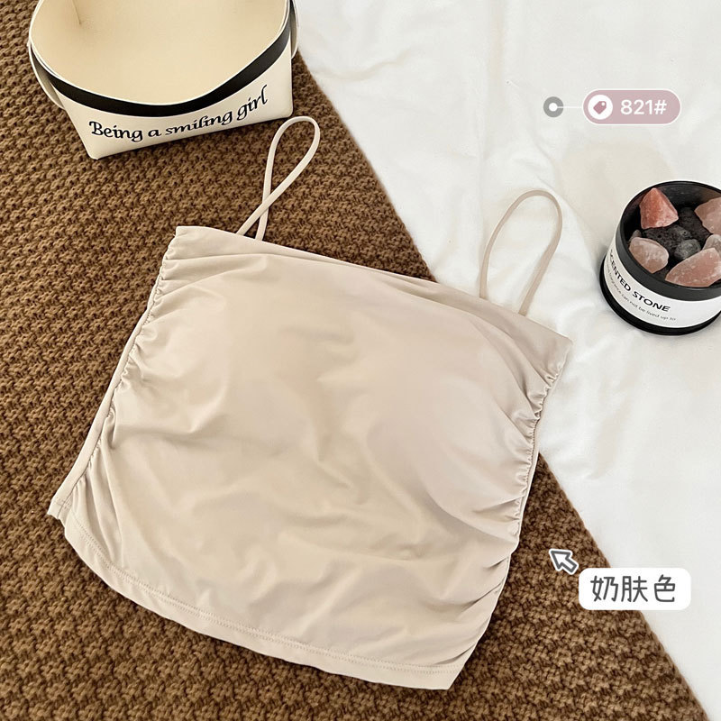 氷の糸のしわの1字の襟の純色のガーターのベストの女性の一体式の固定の杯の中で外を着て美背を着て胸を包みます。|undefined