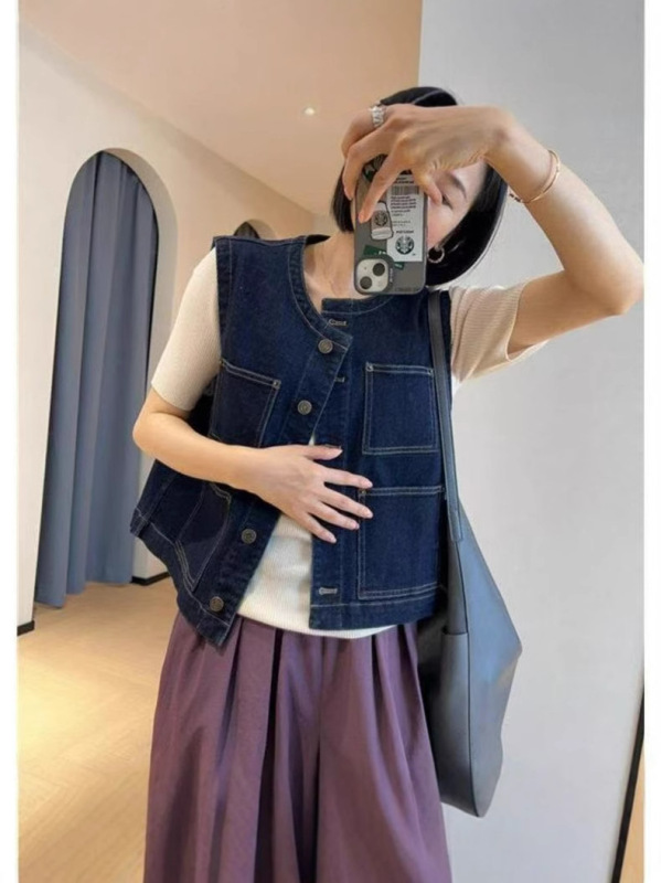 レトロダークブルーラウンドネックショートデニムベスト女性のための 2025 夏レイヤード多用途ノースリーブベストチョッキジャケット|undefined