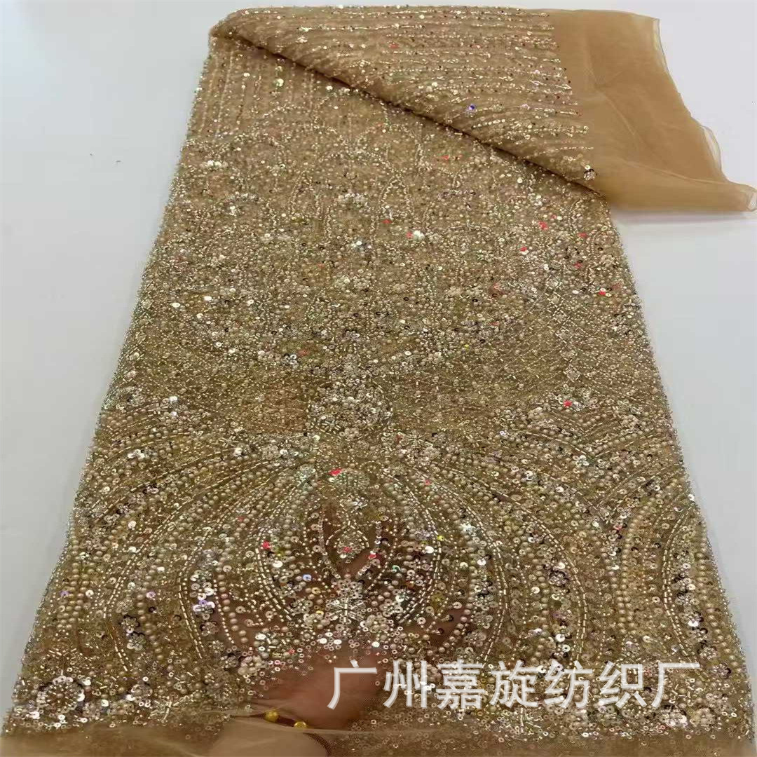 Nuevo bordado de tubo de perlas vestido de mano sequinilla tela de malla bordada moda pesada ropa de espectáculo de escenario accesorios de boda