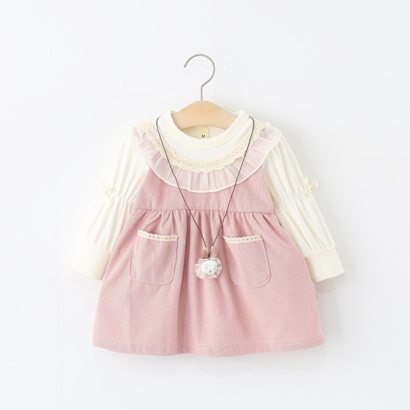 Children's Clothing Wholesale Girls' Dresses Spring and Autum Infants and Young Kidsren Baby Lace Flap Pocket Pants Fake Two-Piece Princess Skirt