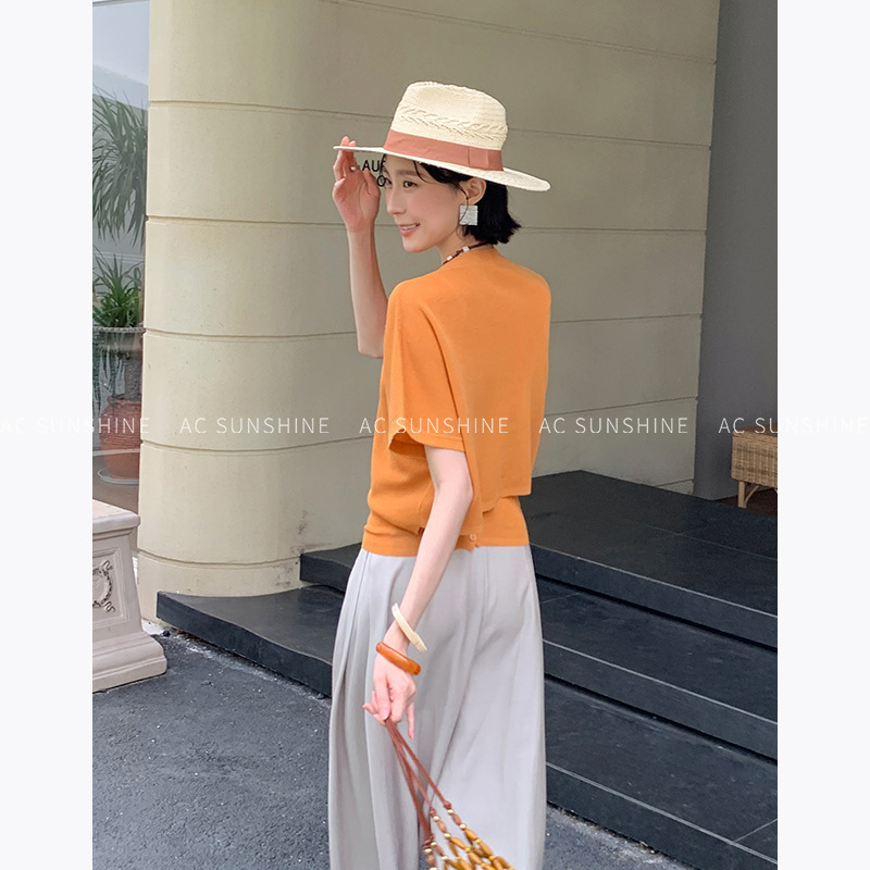 Ac Sunshine Relaxed Knit T-Shirt, Lazy Casual Work Clothing Round Neck Bat Sleeve Top for Women Summer H19797