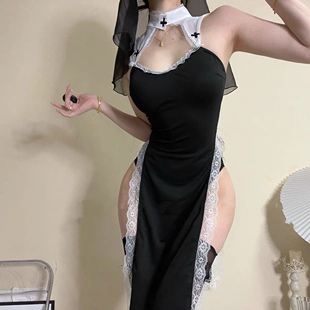 Sexy Punishment Nuns Set Dress Cos Halloween Uniform High Split Lace Dress Hollow Maid Outfit