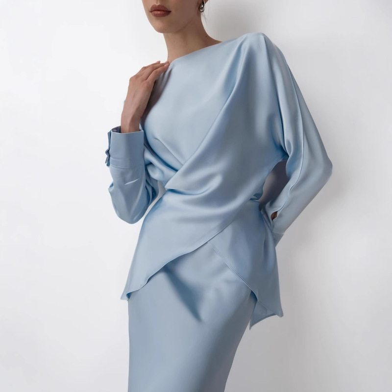 European and American Cross-Border Independent Website Hot-Selling Elegant Satin Suit for Women, Long-Sleeved Lace-Up Top and Skirt Two-Piece Set