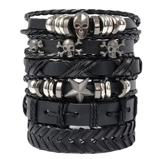 Men's Fashion Jewelry Cross-border Punk Skull Series Leather Bracelet European and American Multi-layer Five-pointed Star Bracelet Set