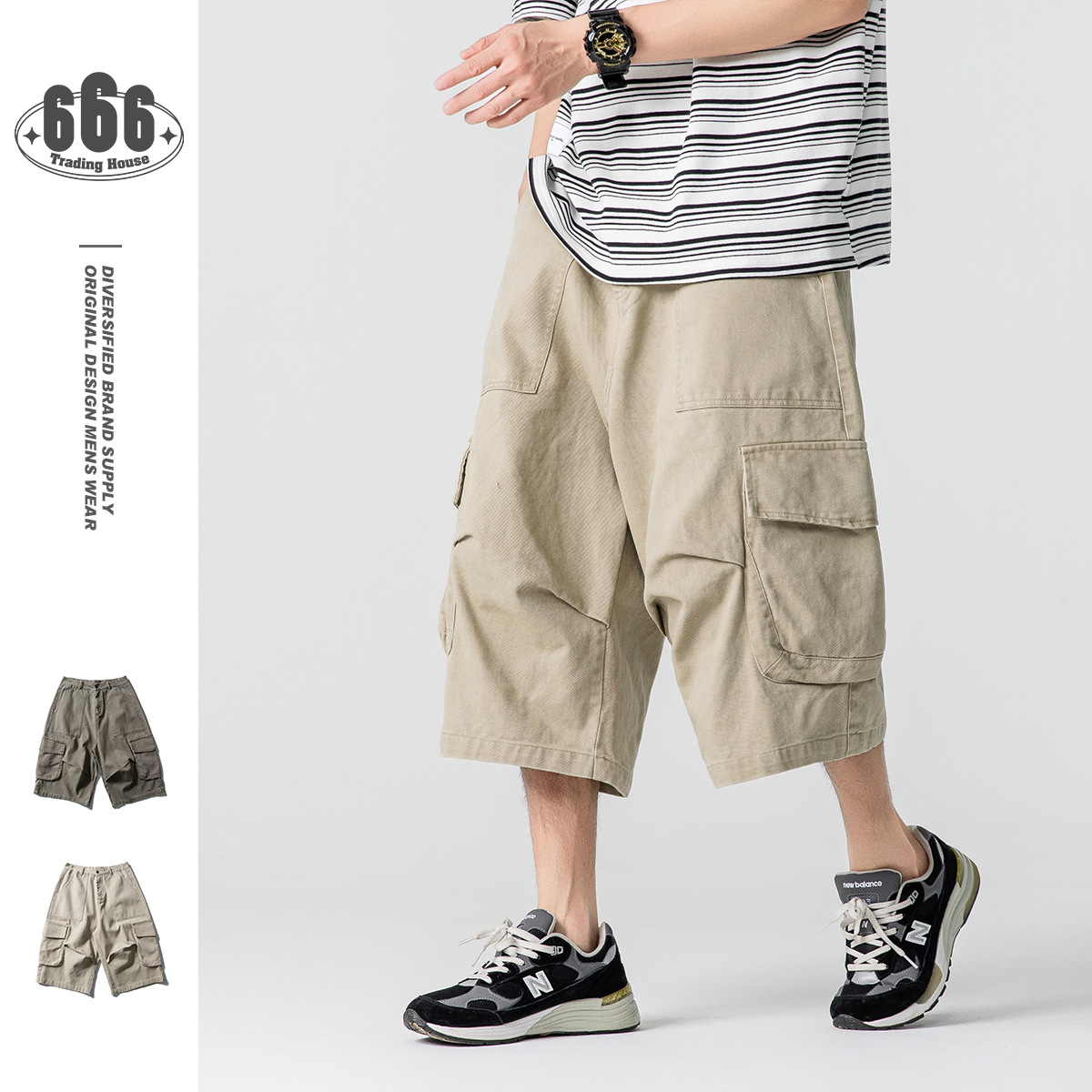 Aimatarget Japanese Retro Cropped Pants Men's Trendy Loose 7-Point Casual Large Pocket Cargo Pants Ck111