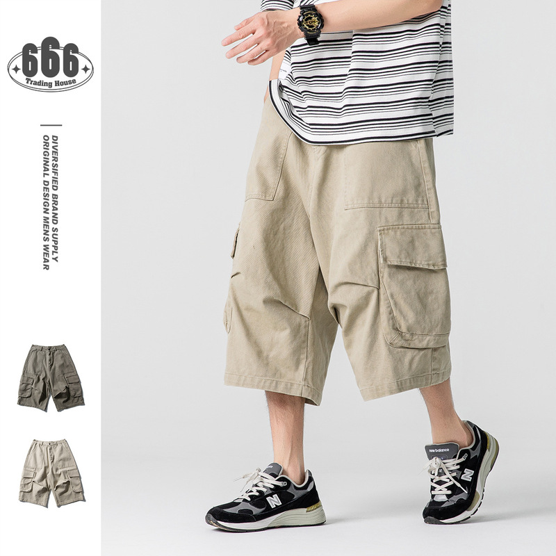 Aimatarget Japanese Retro Cropped Pants Men's Trendy Loose 7-Point Casual Large Pocket Cargo Pants Ck111