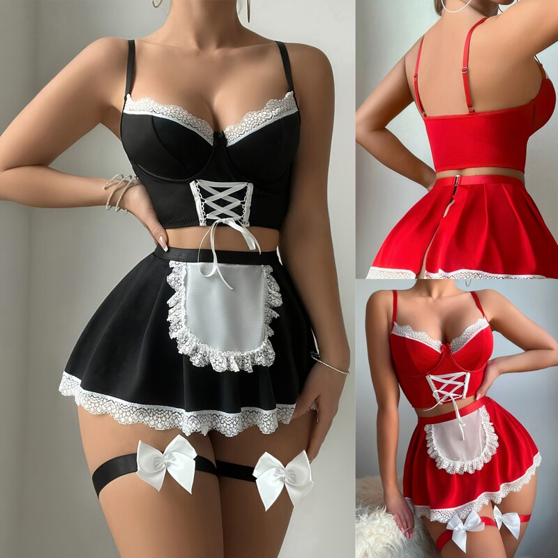 Cross-Border Passionate Foreign Trade Apron Temptation Maid Uniform Set Maid Sexy Lingerie Sexy Lace Trim