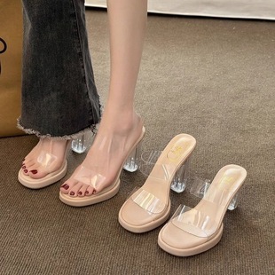 Korean Style Casual Elegant Crystal Thick Heel Transparent Slide Sandals with silver New Arrival Summer Waterproof Super High Heels