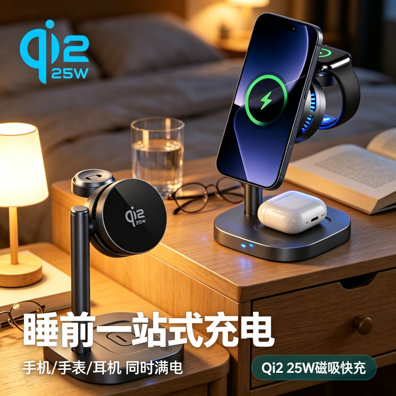 Qi2 25W 3-in-1 Magnetic Wireless Charger: A one-stop fast-charging stand for phones, watches, and earphones, designed for desktop use Qi2 25W 3-in-1 Magnetic Wireless Charger: A one-stop fast-charging stand for phones, watches, and earphones, designed for desktop use