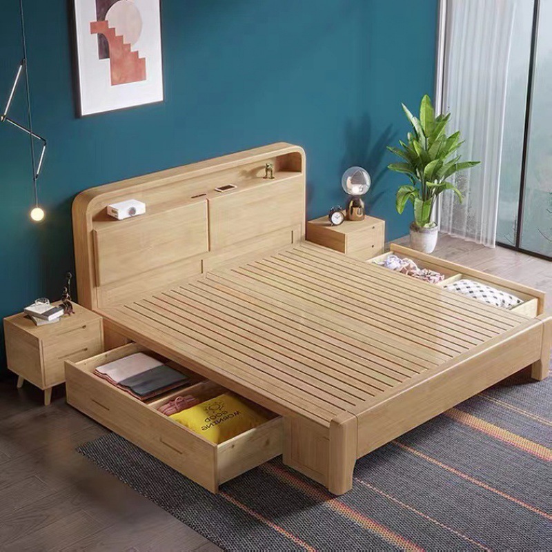 Cama nórdica de madera maciza Cama doble de 1,8 m Cama principal de 1,5 m con luz nocturna Habitación de alquiler simple Apartamento pequeño Cama de 1,2 m