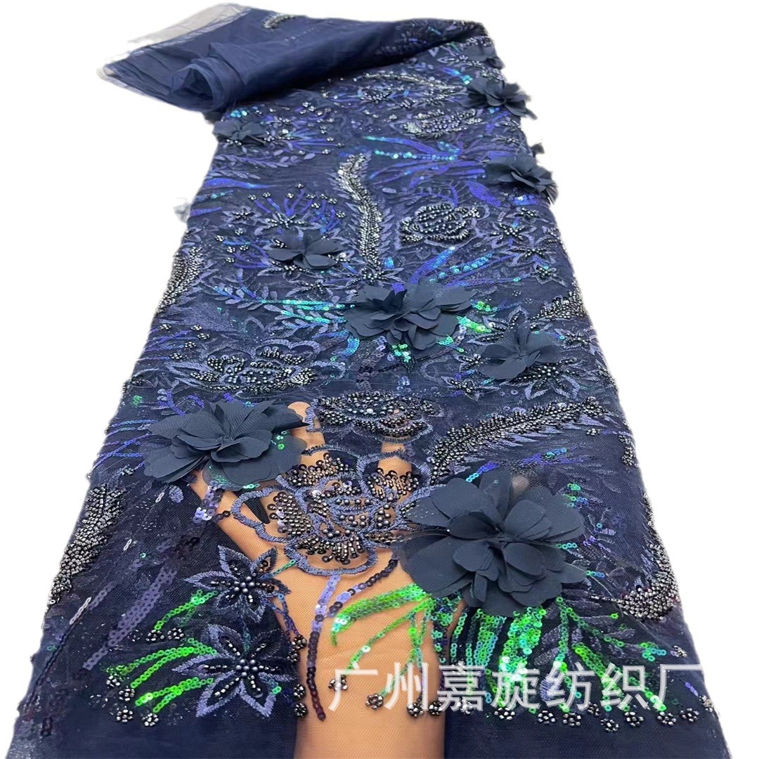 Nuevo clavos de cuentas de plumas de flores de sequilla tela bordada flor hecha a mano vestido de boda cheongsam tela de encaje de malla