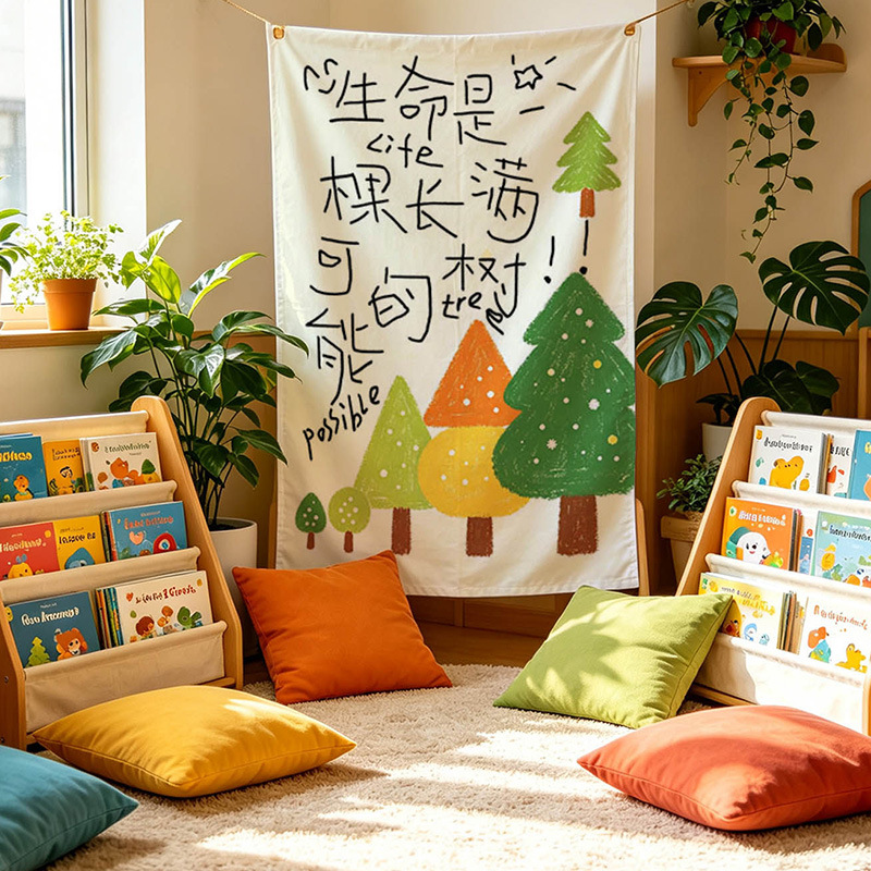 Graffiti Text Healing-Themed Hanging Tapestry for Children's Room Space Decoration, Kindergarten Reading Corner Environment Creation Background Wall