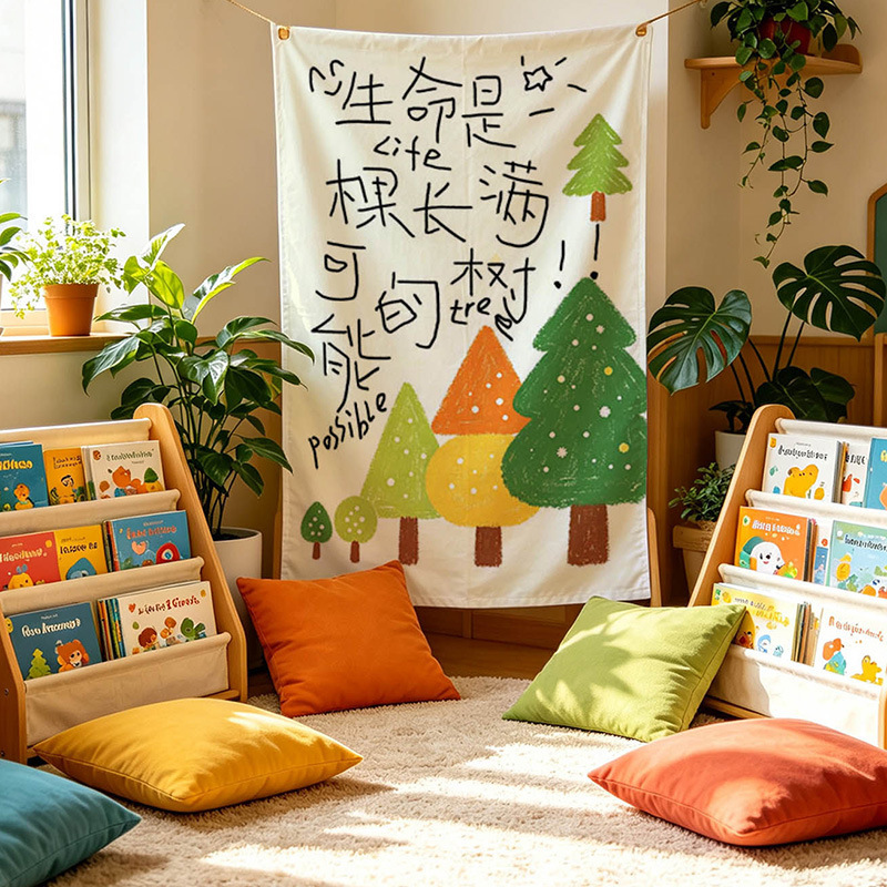 Graffiti Text Healing-Themed Hanging Tapestry for Children's Room Space Decoration, Kindergarten Reading Corner Environment Creation Background Wall Graffiti Text Healing-Themed Hanging Tapestry for Children's Room Space Decoration, Kindergarten Reading Corner Environment Creation Background Wall