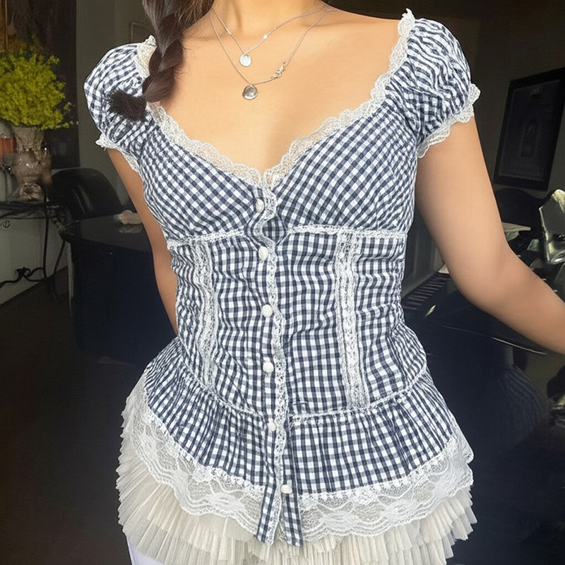 亚马逊夏季新品蕾丝花边格纹衬衫上衣甜美少女修身显瘦泡泡袖T恤