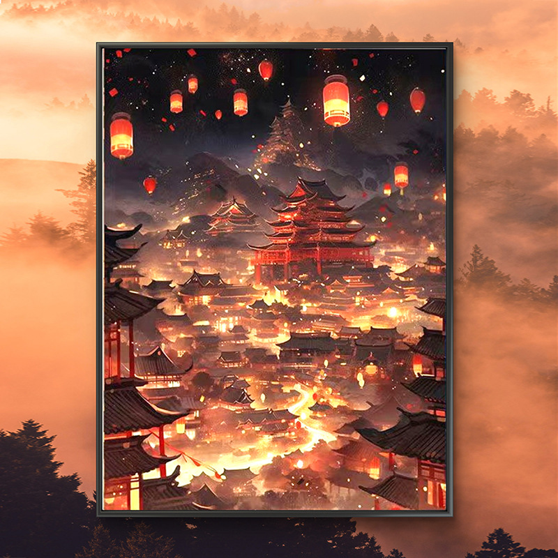 Pintura al óleo digital de estilo antiguo estilo arquitectónico de la dinastía Tang, relleno a mano, relleno de agujero, lámpara acrílica, sala de estar nueva