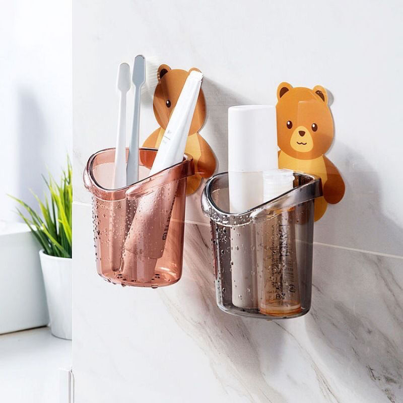 Cartoon bear toothbrush cup household children's transparent bathroom suction cup seamless wall-mounted punch-free paste toothbrush holder