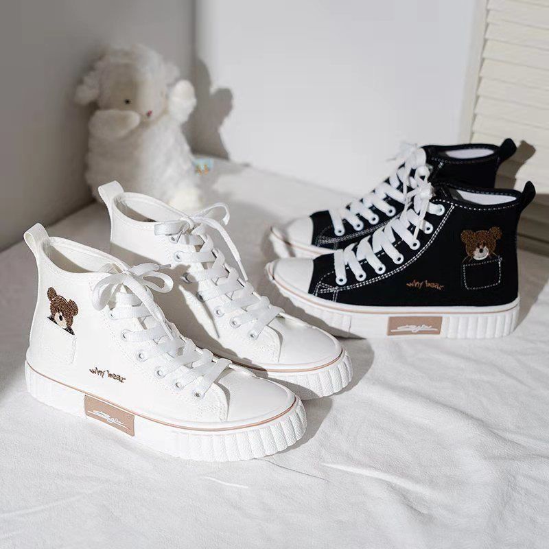 Pocket high top bear canvas shoes for women spring and summer new ins casual small white shoes flat student soft sole single shoes