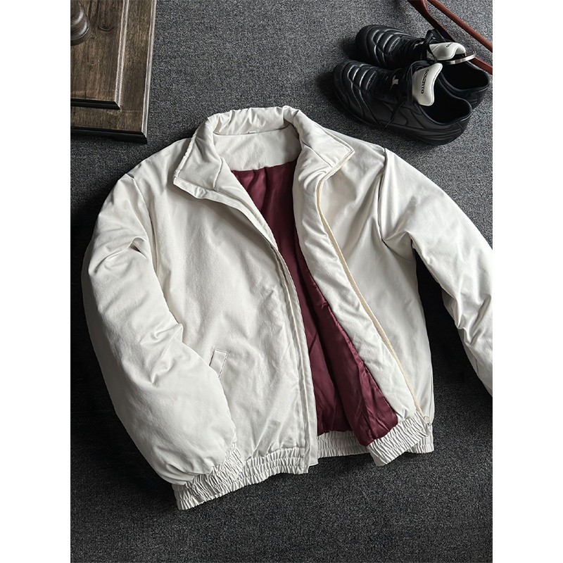 Beige and Red Stand-Up Collar Cotton Jacket for Men, Autumn and Winter Warm Cotton Coat, Short Padded Jacket, Harajuku Style