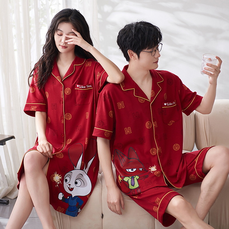 Pijamas para boda y boda traje de pareja Rojo puro algodón hombres y mujeres de manga corta verano amor pareja pijamas verano