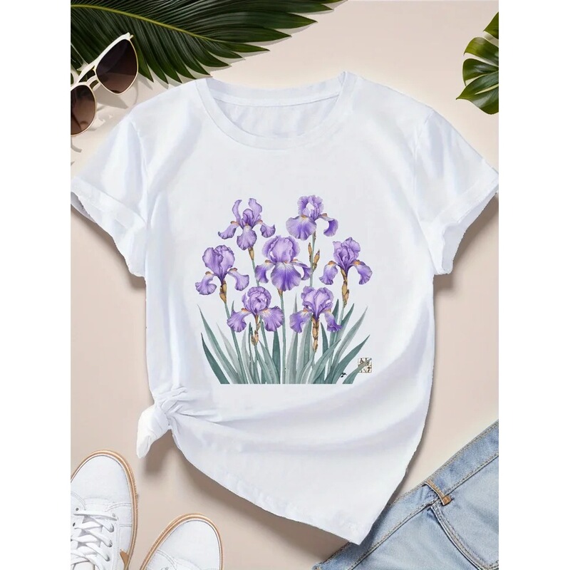 【Cross-Border European Size】Iris Print Women's Sports Short Sleeve T-Shirt Aesthetic Clothing Women's Apparel Y2K Top Summer 【Cross-Border European Size】Iris Print Women's Sports Short Sleeve T-Shirt Aesthetic Clothing Women's Apparel Y2K Top Summer