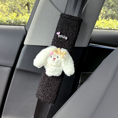 Seat belt shoulder pad – Butter Bear Doll Car Seat - mua-letters-big-eared-rabbit-with-yellow-bow-lambswool-shoulder-pads-black