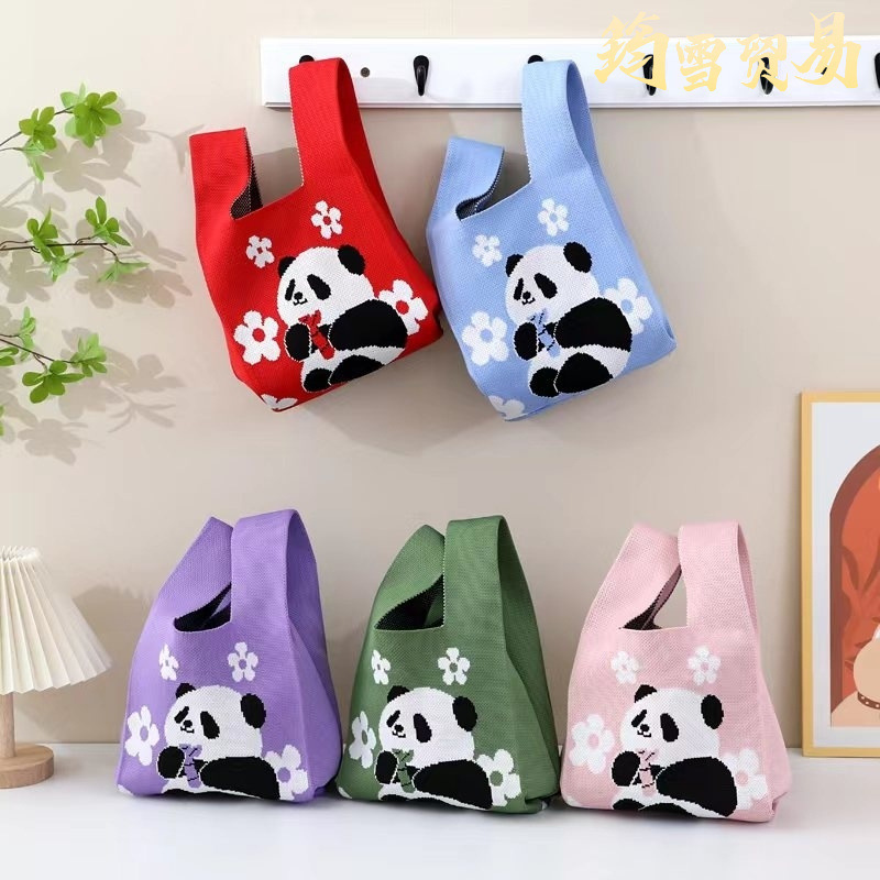 Guochao Giant Panda Knitted Bag Handbag Cute Cartoon Gift Bag New Arrival Niche All-match Wrist Bag Woven Bag