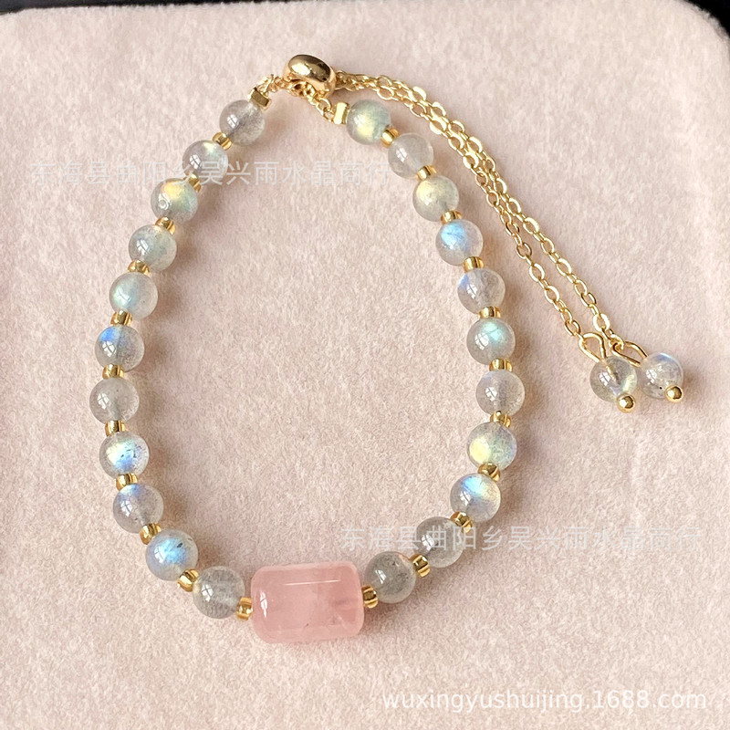 Natural Labradorite Moonstone, Pink Crystal Barrel Beads, Bracelet, Bracelet, Jewelry, Women's Model Natural Labradorite Moonstone, Pink Crystal Barrel Beads, Bracelet, Bracelet, Jewelry, Women's Model