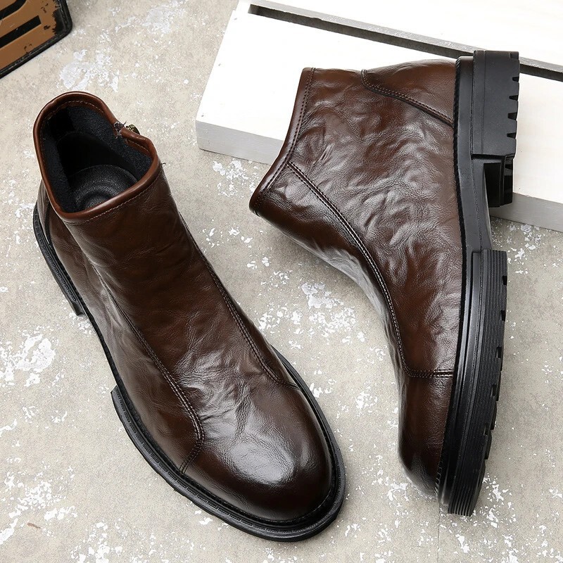 Side Zipper Boots for Men, Plus Velvet British Leather Workwear Motorcycle Boots, Winter Height-Increasing High-Top Chelsea Short Boots