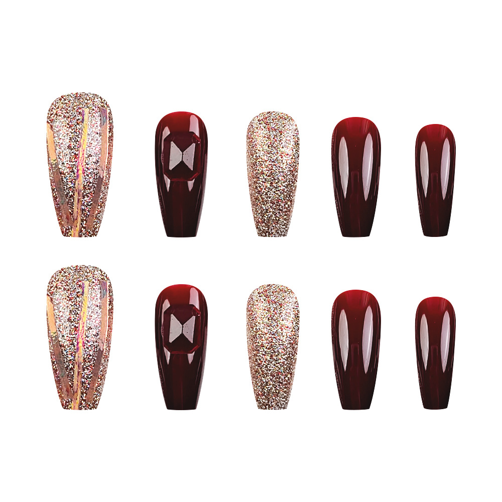 El comercio exterior brilla vino rojo desgaste de uñas europeas y estadounidenses viento tridimensional perforación de uñas falsas 24 piezas de uñas al por mayor