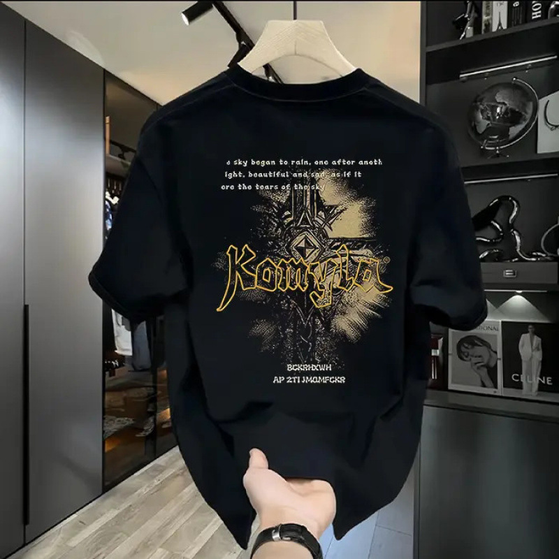 Summer American-Style Printed Short-Sleeve Trendy Loose High-Street Fashion T-Shirt for Men, Round Neck, Half-Sleeve, Pure Cotton Top