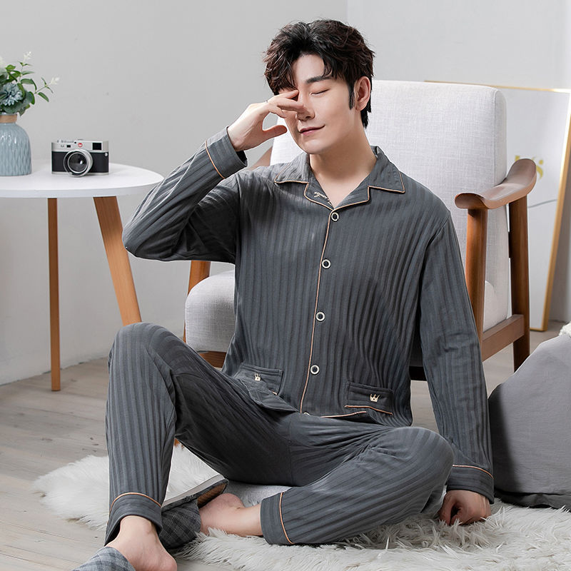 Pijama de hombre de algodón primavera y otoño delgado cardigan de manga larga