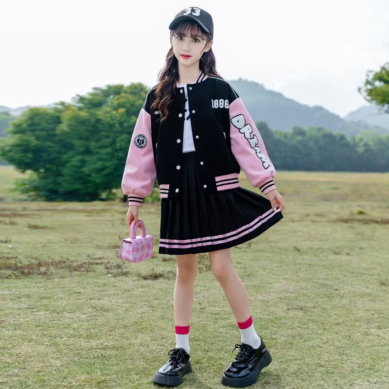 Chaqueta de béisbol para niñas conjunto de dos piezas de primavera y otoño 2023 nuevos niños medianos y grandes ropa de estudiante traje de niña Falda plisada