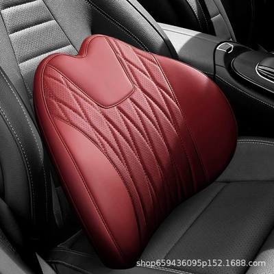 Headrest — Headrest, Neck Pillow, Seat - burgundy-one-lumbar-support-genuine-leather-c-style-quilted-embroidery-upgraded-3d-full-support