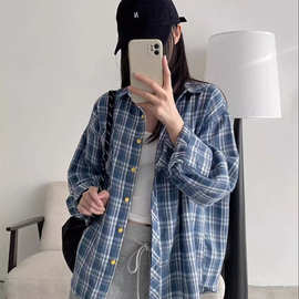 【专供东南亚】复古格子衬衫外套女长袖秋蓝色宽松格纹衬衣上衣